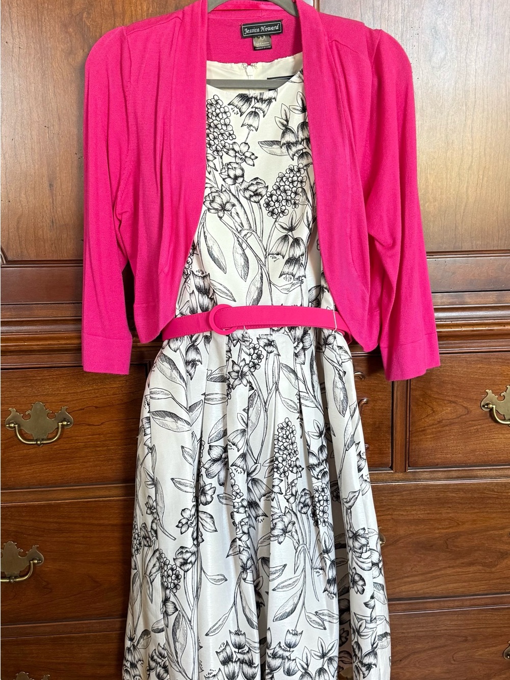Jessica Howard Hot Pink Bolero with Cream & Black Floral A-Line Dress